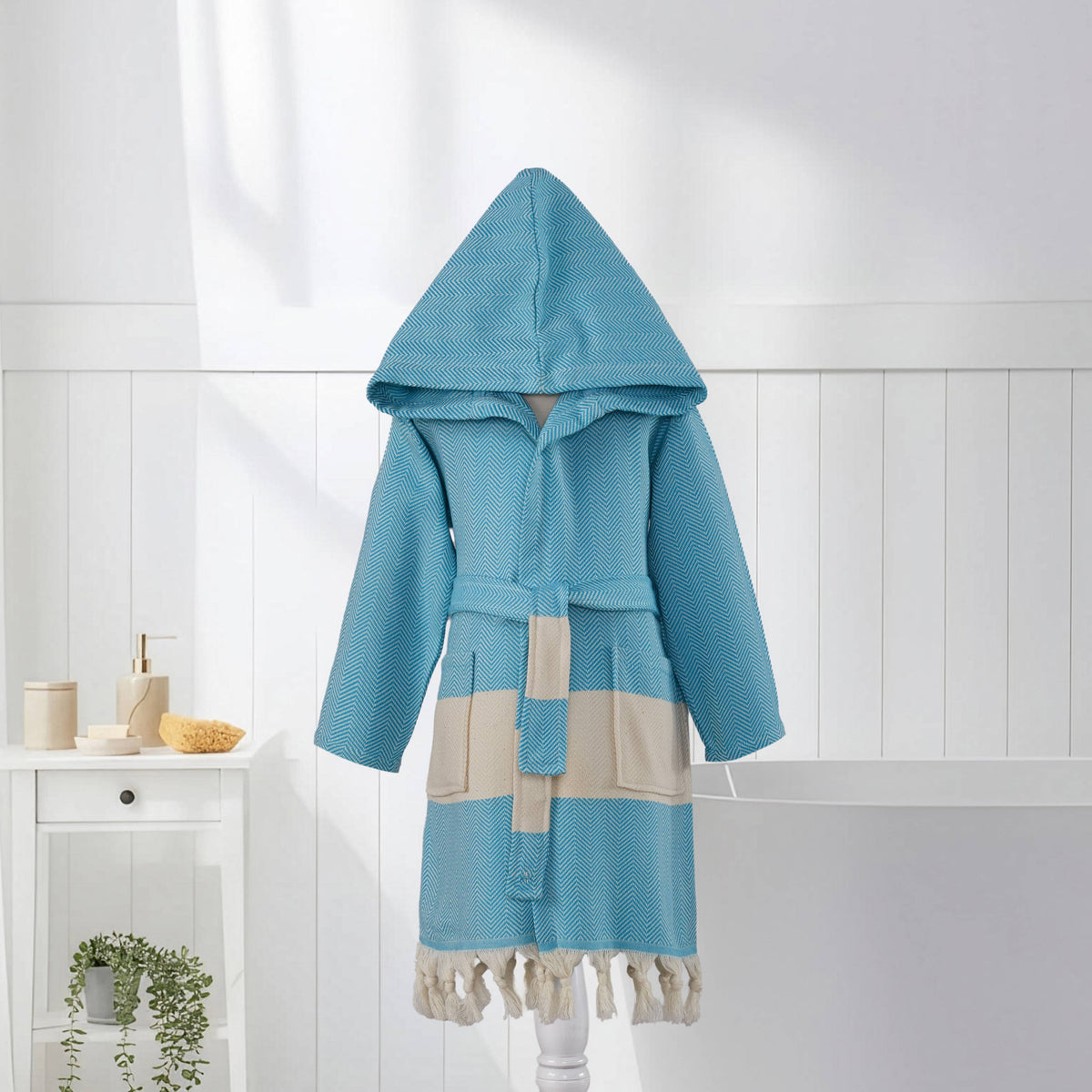 Herringbone kids Turkish cotton bathrobe – hooded, fringed hem | Kikoya