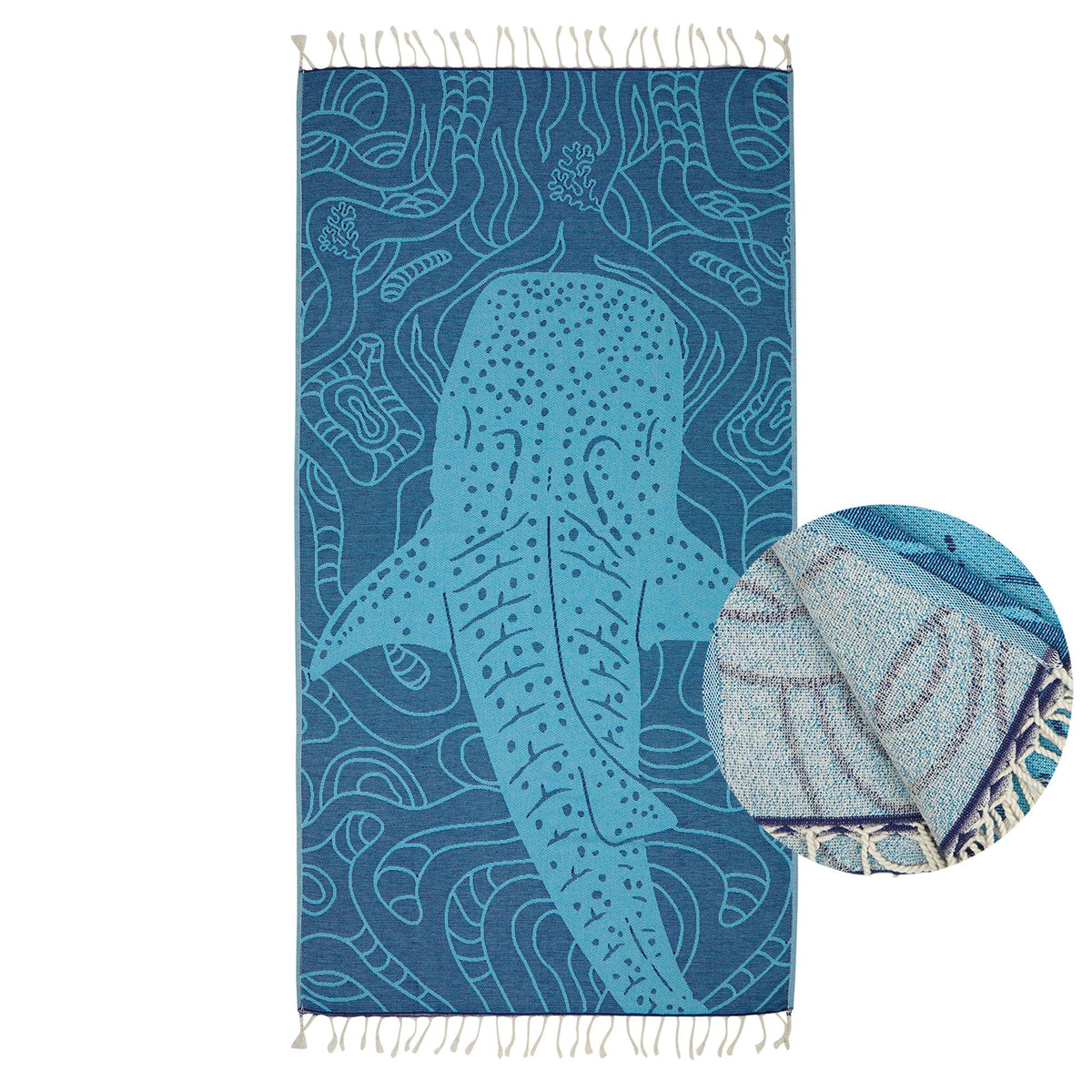 Whale shark terry-backed Turkish towel with woven jacquard face, 35x70 in | Kikoya