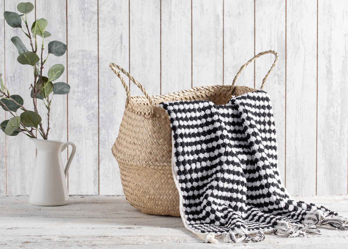 Pompom handloomed Turkish hand towel, 17x38 in, raised bubble weave with pompom fringe | Kikoya