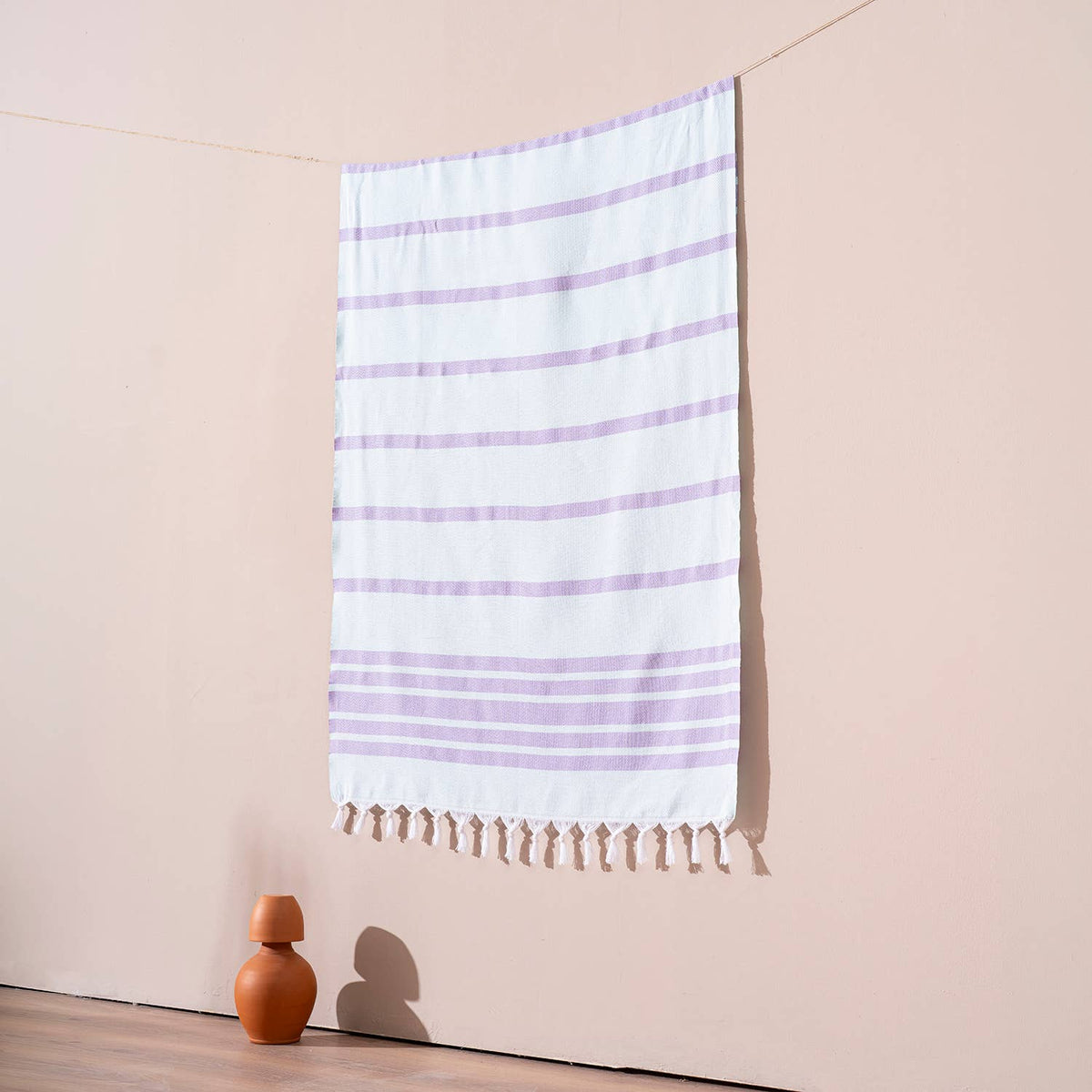 Luxe Herringbone Turkish towel – Mint/Lilac, mint with lilac stripes, hanging | Kikoya