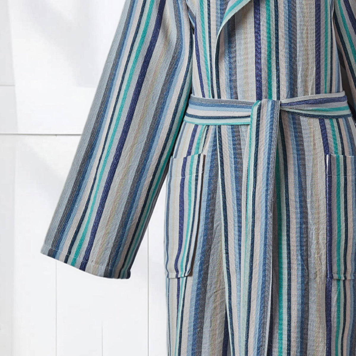Antique Turkish hooded bathrobe – Teal & Blue Stripe | Kikoya