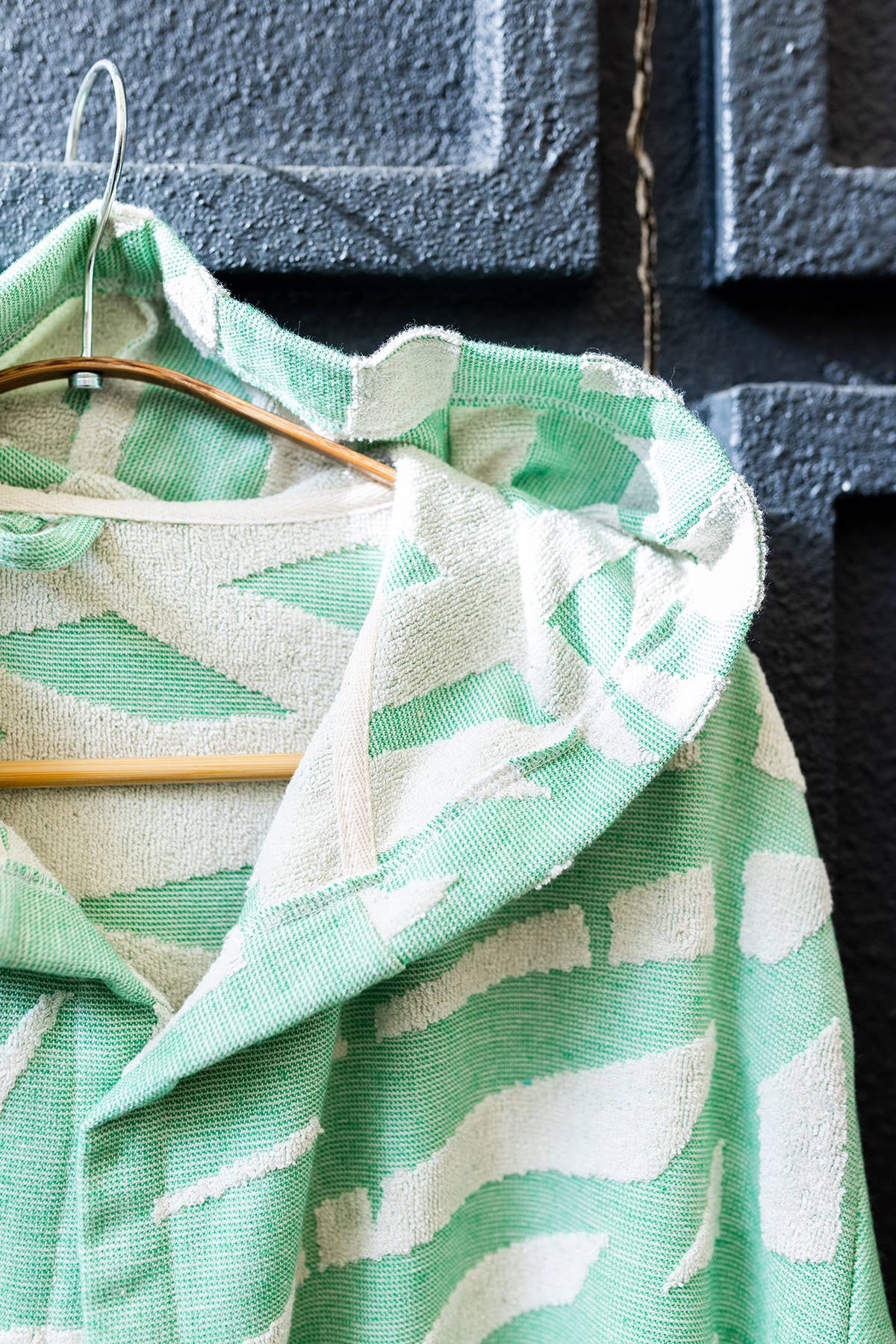 Fronds raised terry Turkish bathrobe, hooded, palm-frond jacquard | Kikoya