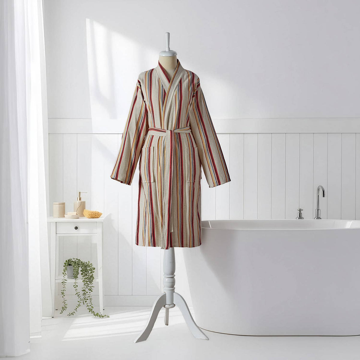 Rainbow linen-cotton Turkish kimono bathrobe – stripe | Kikoya