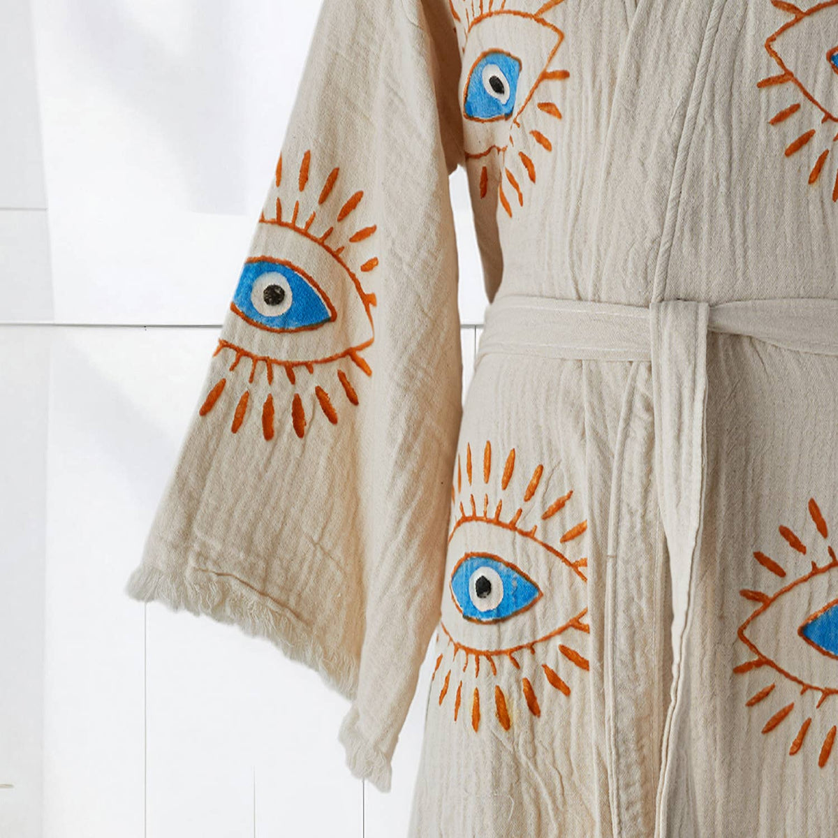 Block-print Turkish cotton kimono robe – Evil Eye Blue & Orange | Kikoya