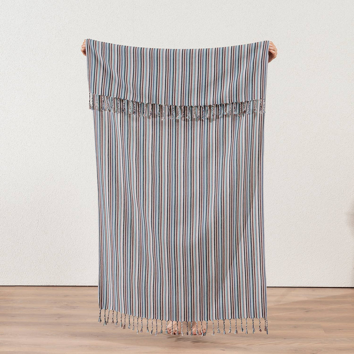 Premium Rustic Turkish beach towel – Dusty Blue Multi Stripe | Kikoya