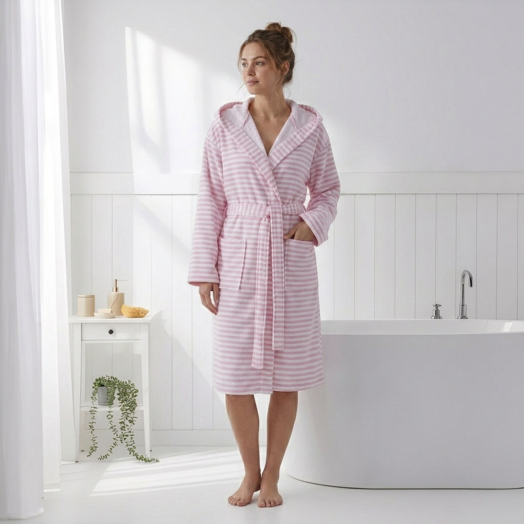 Royal terry-backed Turkish bathrobe – stripe, hooded | Kikoya