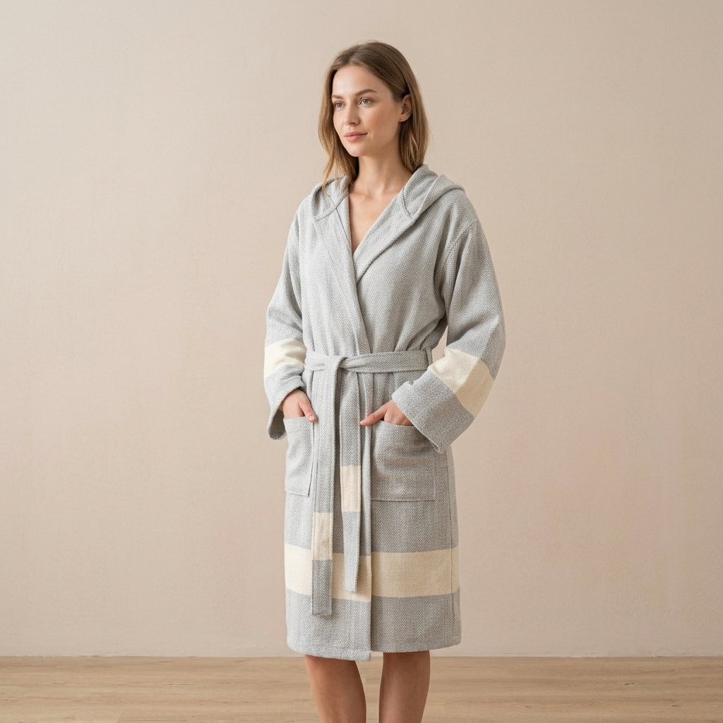 Herringbone Turkish cotton bathrobe – color-block hooded robe | Kikoya