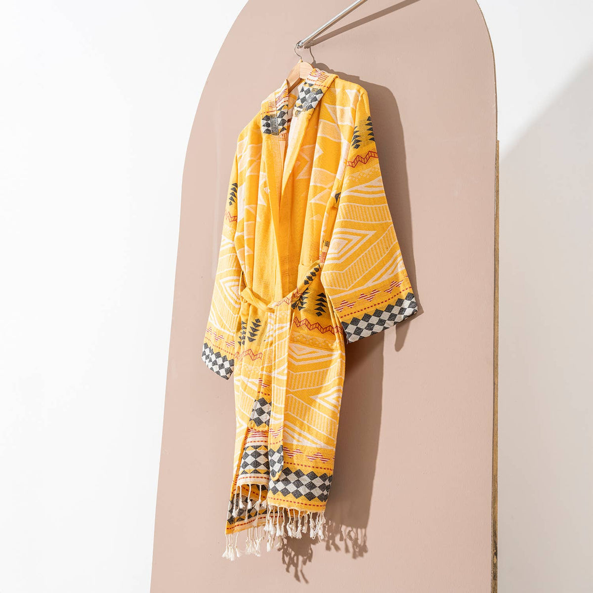 Tribal flat-woven Turkish bathrobe in mustard – kimono, fringed hem | Kikoya