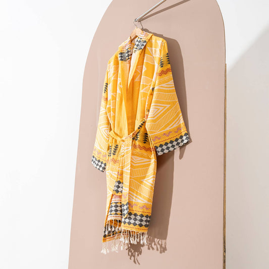 Tribal flat-woven Turkish bathrobe in mustard – kimono, fringed hem | Kikoya