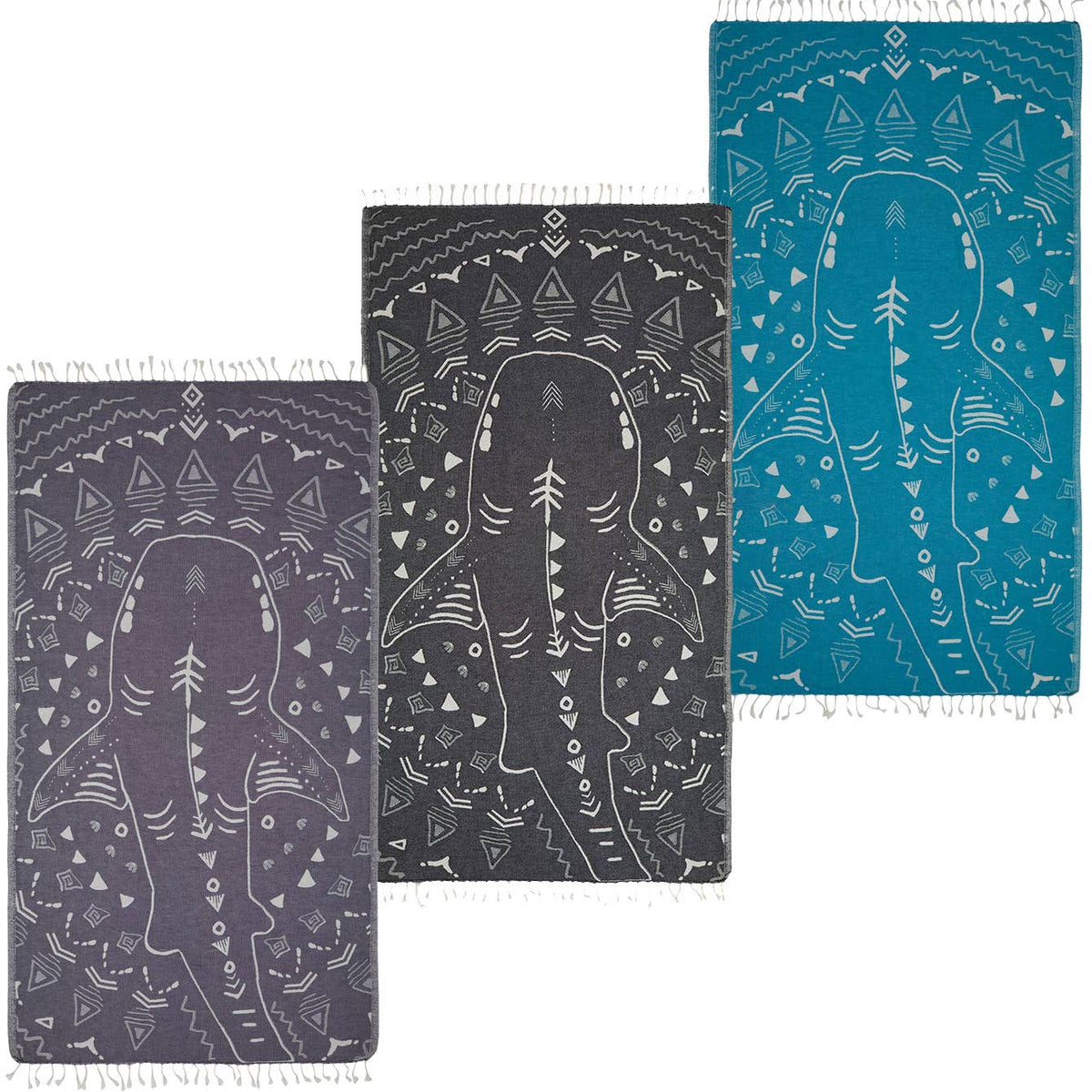 Shark jacquard Turkish beach towel, 35x70 in, flat-woven with knotted fringe | Kikoya