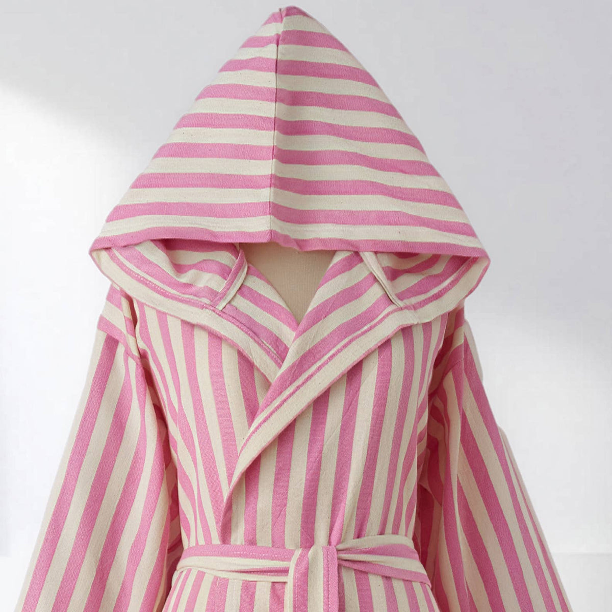 Zebra stripe Turkish hooded bathrobe – Pink & Cream, hood detail | Kikoya