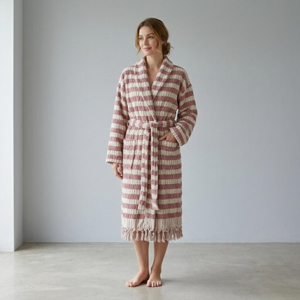 Pompom Turkish bathrobe – Lokum Rose, Shawl Collar, front view | Kikoya