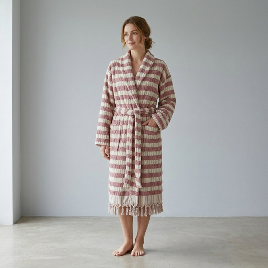 Pompom Turkish bathrobe – Lokum Rose, Shawl Collar, front view | Kikoya