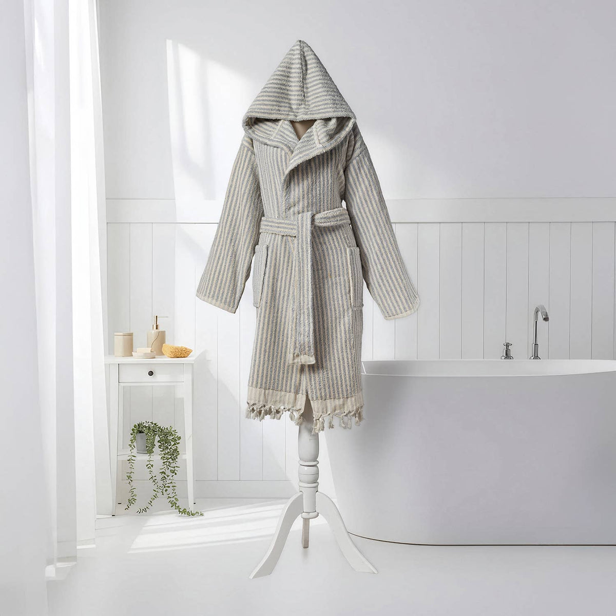 Pompom Turkish bathrobe – Grey & White Stripe, Hooded, back view | Kikoya