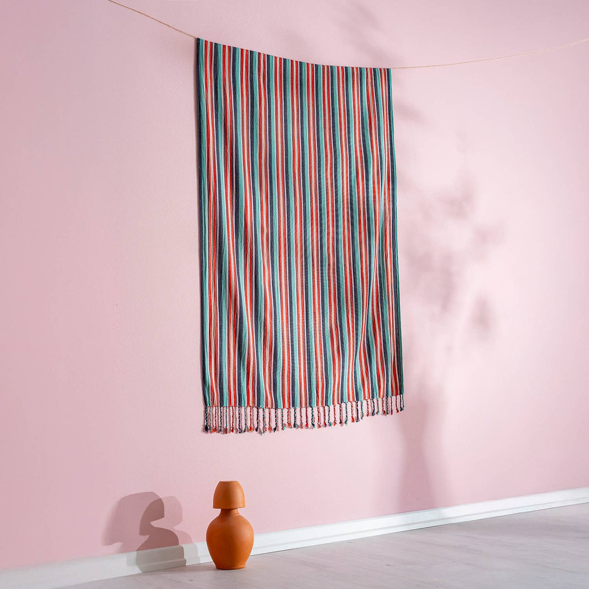 Premium Rustic Turkish beach towel in red ticking stripe, 33x66 in | Kikoya