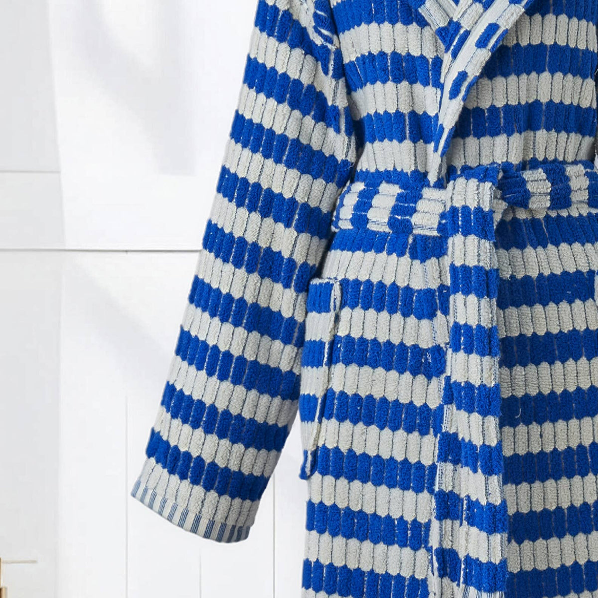 Pompom Turkish bathrobe – Lokum Blue, Hooded, belt and pocket detail | Kikoya