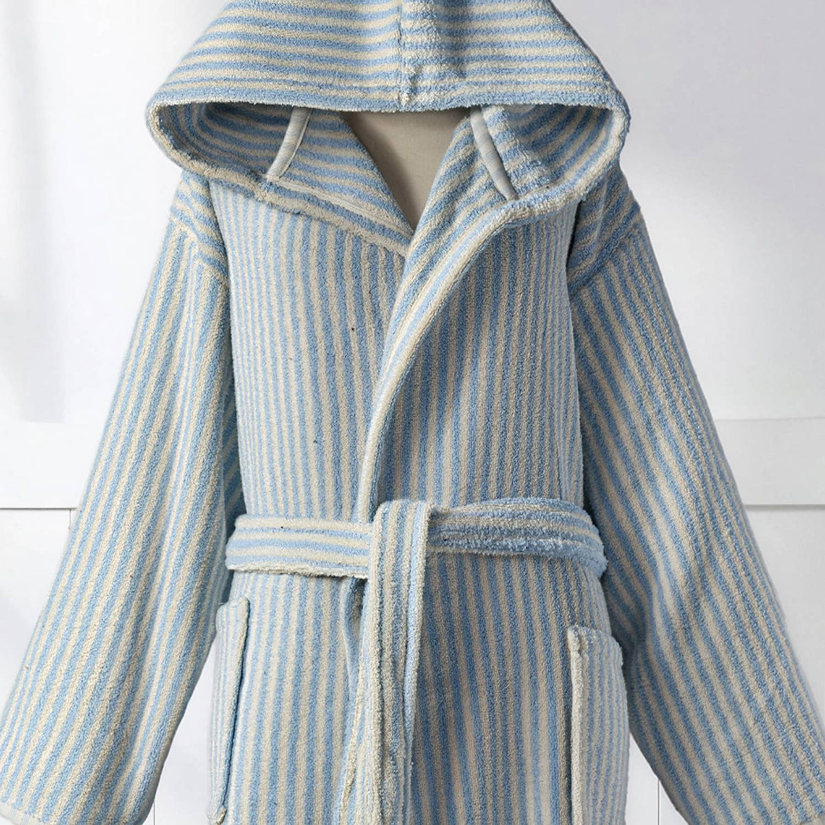Pompom Turkish bathrobe – Baby Blue & White Stripe, Hooded, back view | Kikoya