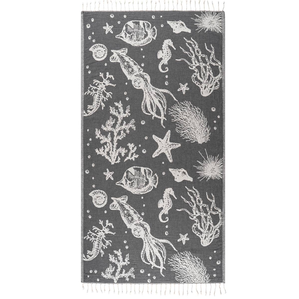 Ocean Turkish beach towel in Black sea life jacquard, 33x66 in | Kikoya