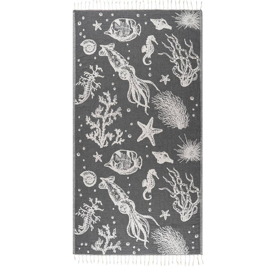 Ocean Turkish beach towel in Black sea life jacquard, 33x66 in | Kikoya