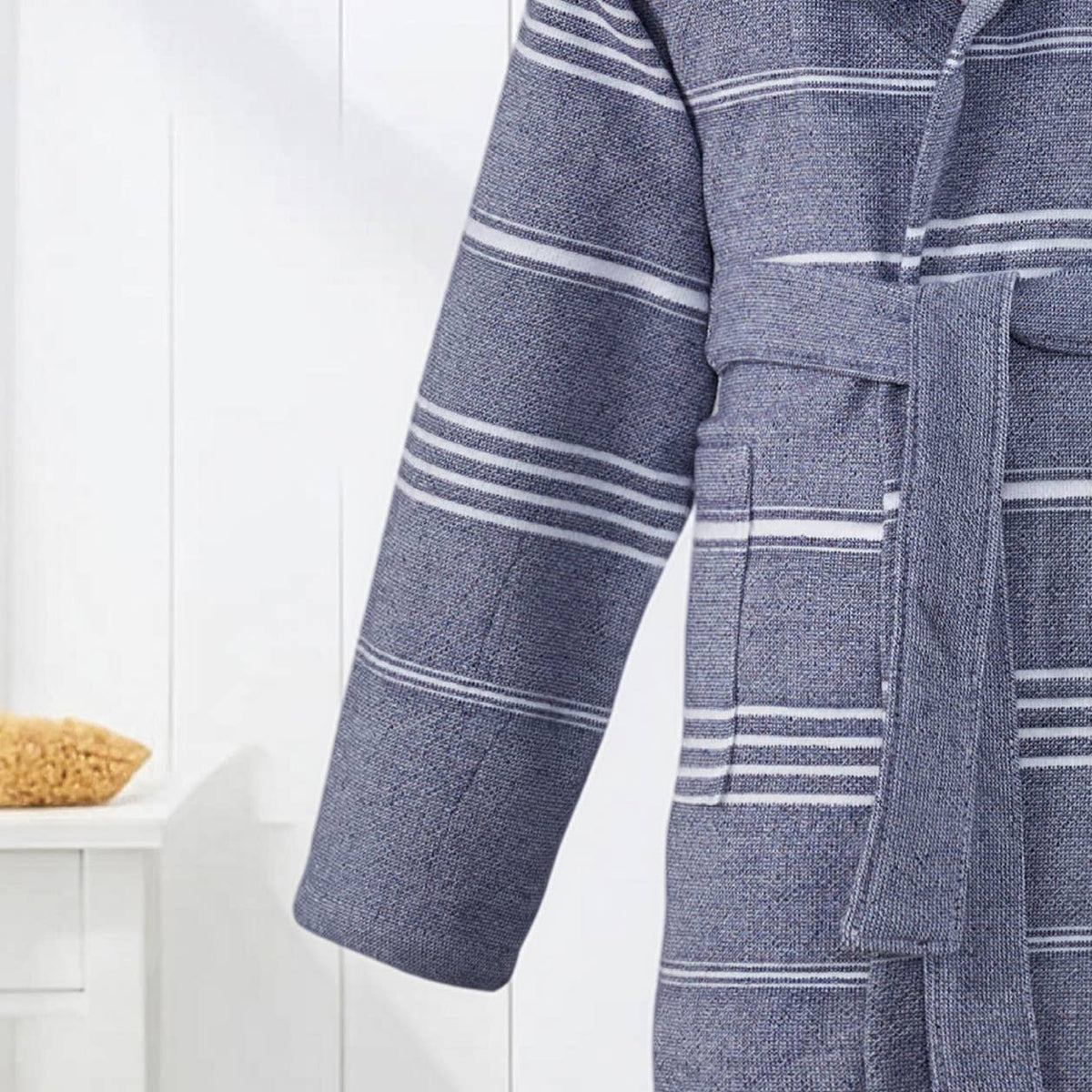 Sleeve and belt detail showing the terry-backed navy stripe weave | Kikoya