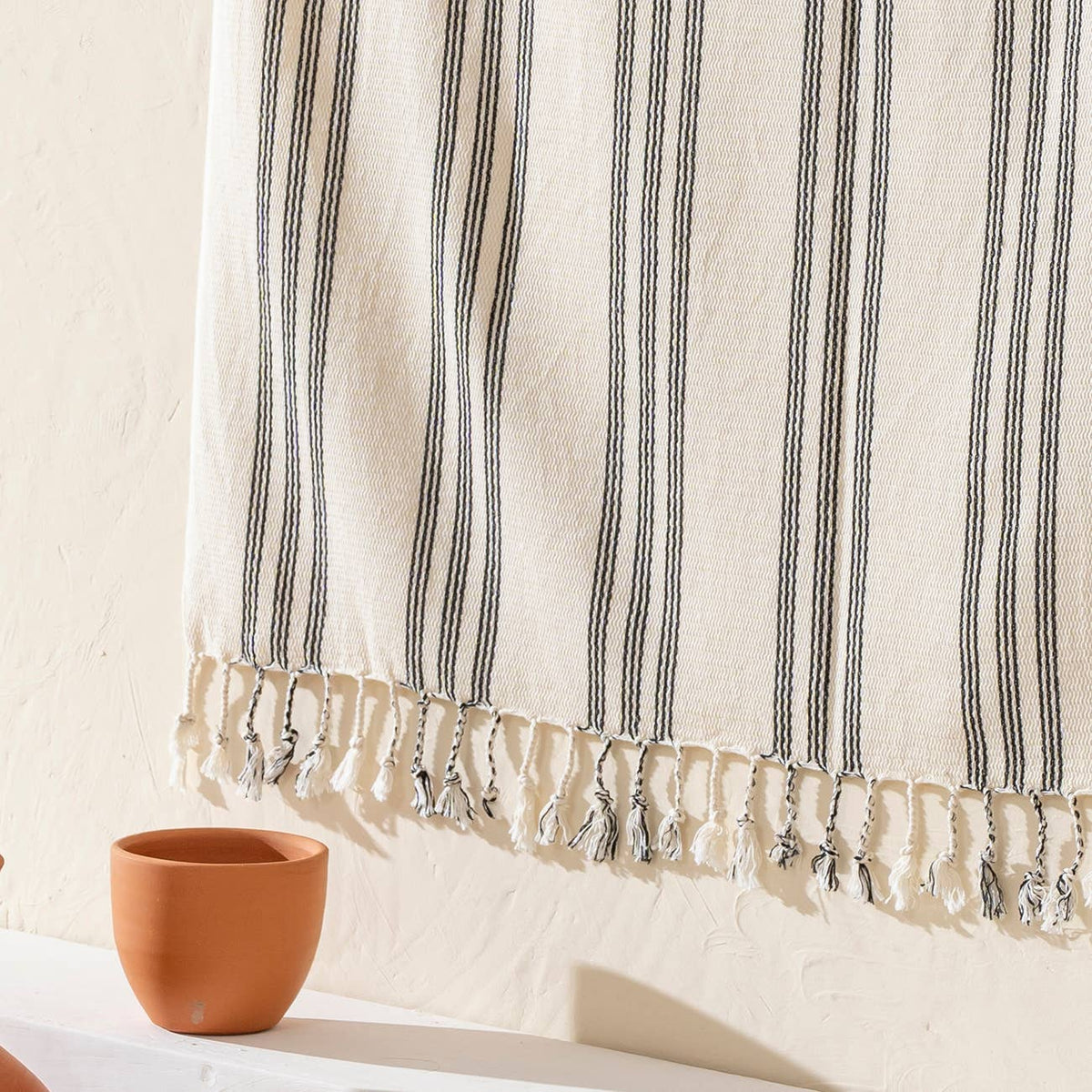 Sumela honeycomb Turkish beach towel in grey and olive stripe | Kikoya