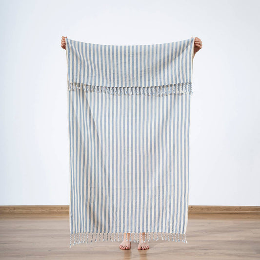 Premium Rustic Turkish beach towel – Grey & White Stripe, full length view | Kikoya