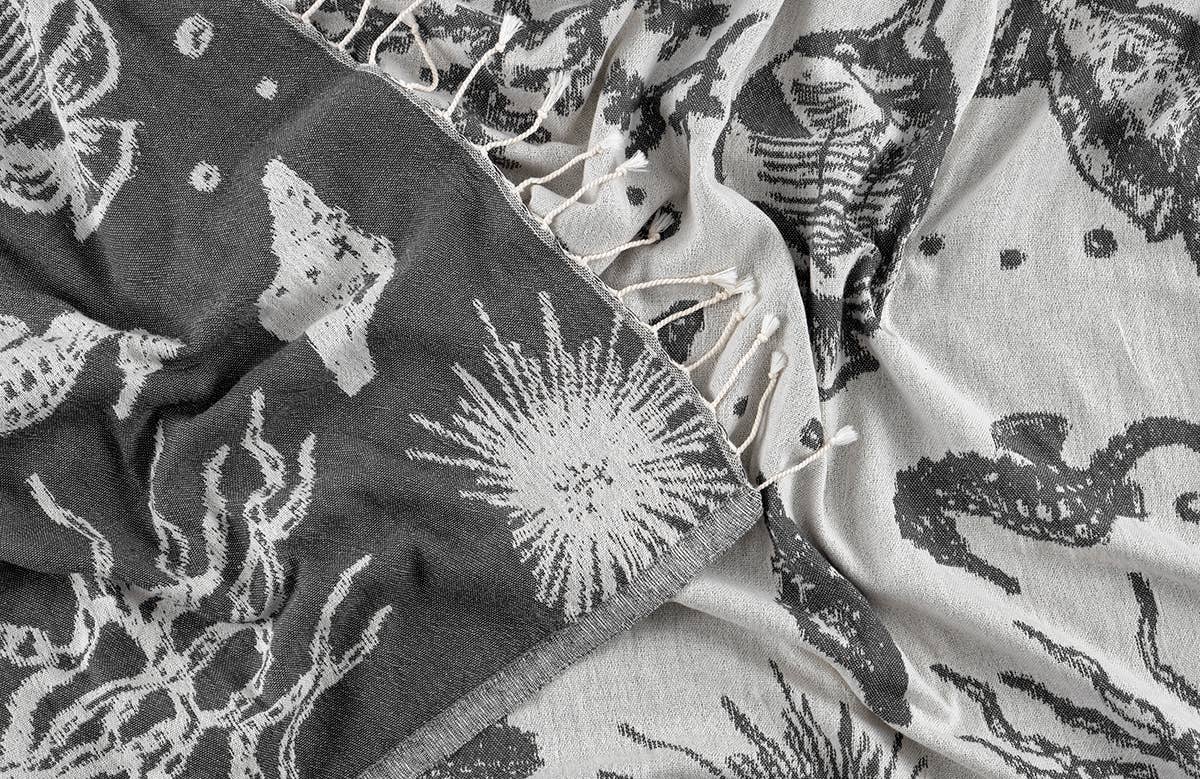 Ocean Turkish beach towel with a woven sea-life jacquard, 33x66 in | Kikoya