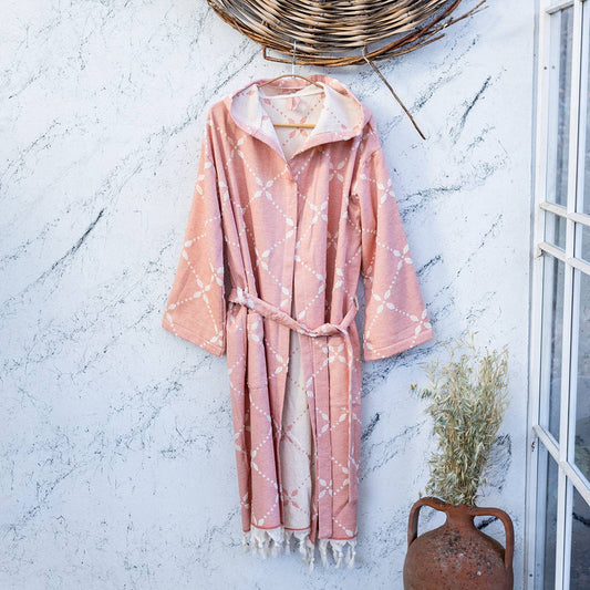Carmen raised terry Turkish bathrobe with a floral jacquard, hooded | Kikoya