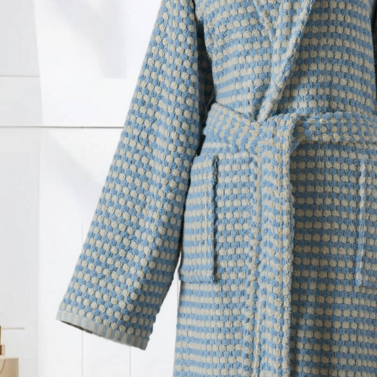 Pompom Turkish bathrobe – Baby Blue, Shawl Collar, back view | Kikoya
