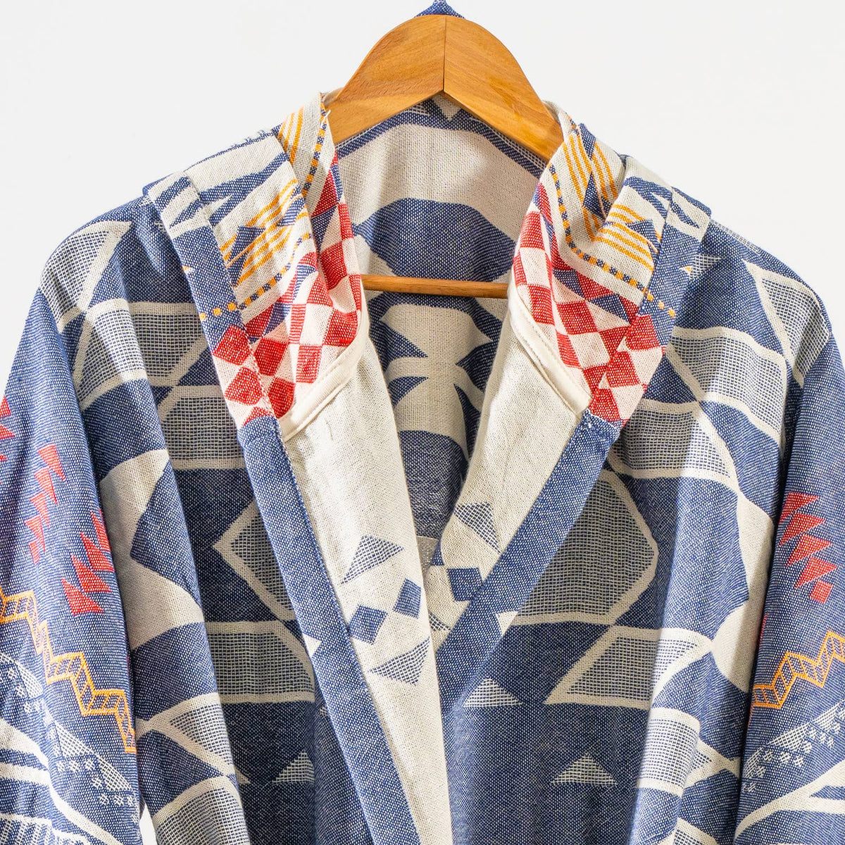Tribal flat-woven Turkish bathrobe in navy & red – kimono, fringed hem | Kikoya