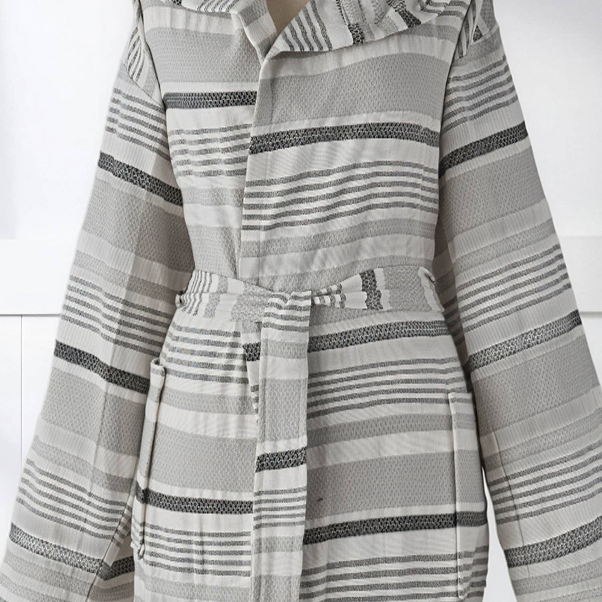 Check Turkish cotton bathrobe – hooded, fringed hood edge | Kikoya