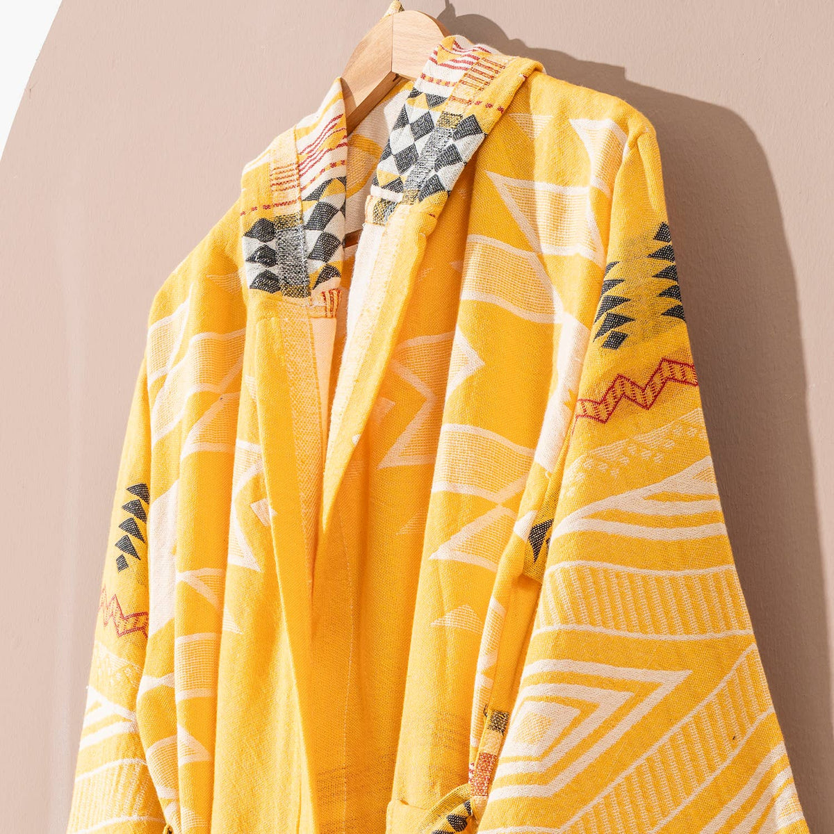 Tribal flat-woven Turkish bathrobe in mustard – kimono, fringed hem | Kikoya