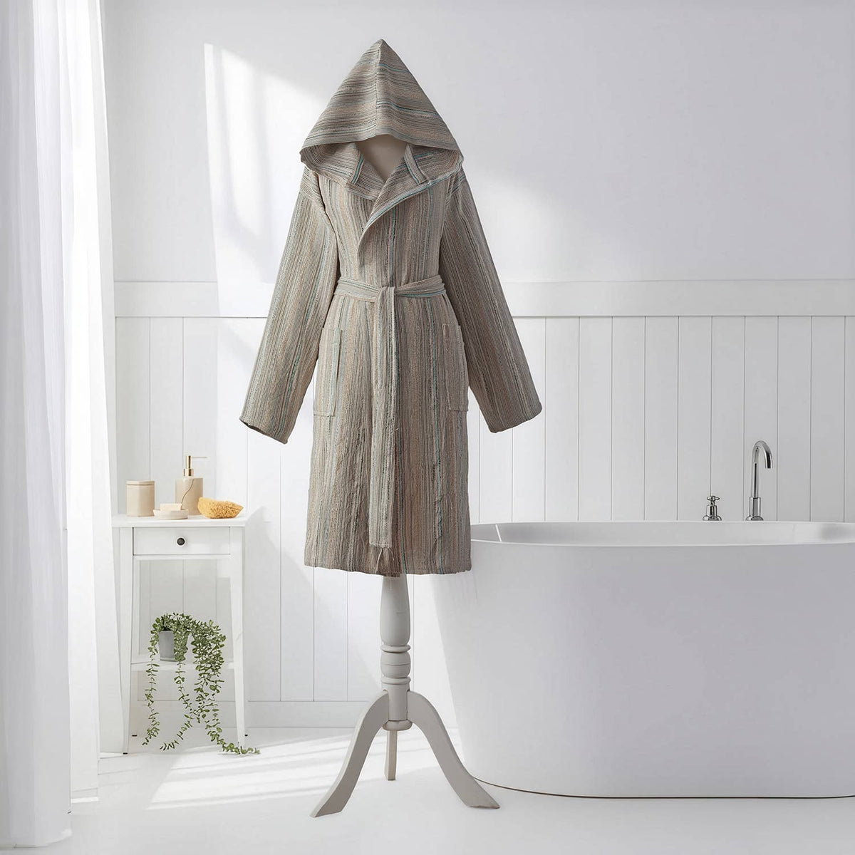 Textured Turkish cotton bathrobe in sand – hooded | Kikoya