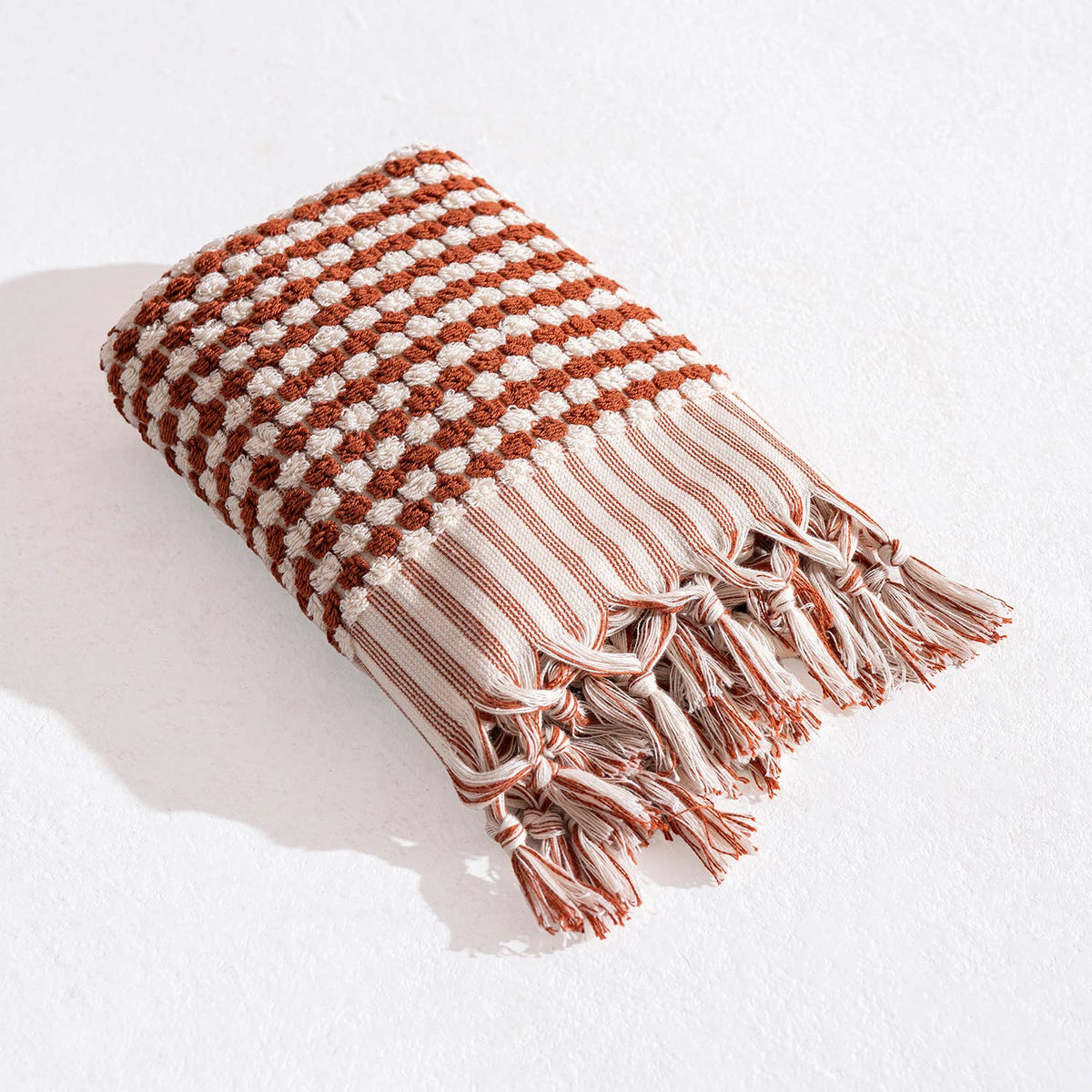 Pompom Turkish hand towel in Clay, handloomed bubble weave, 17x38 in | Kikoya