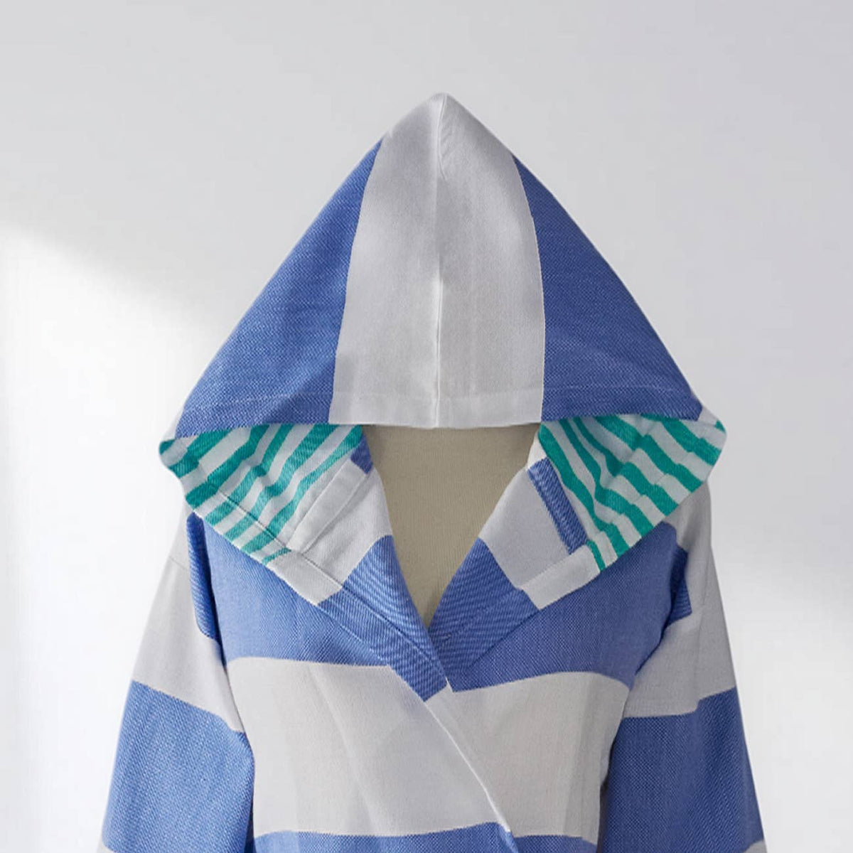 Mediterranean Turkish bathrobe – blue and green block stripe, hooded | Kikoya
