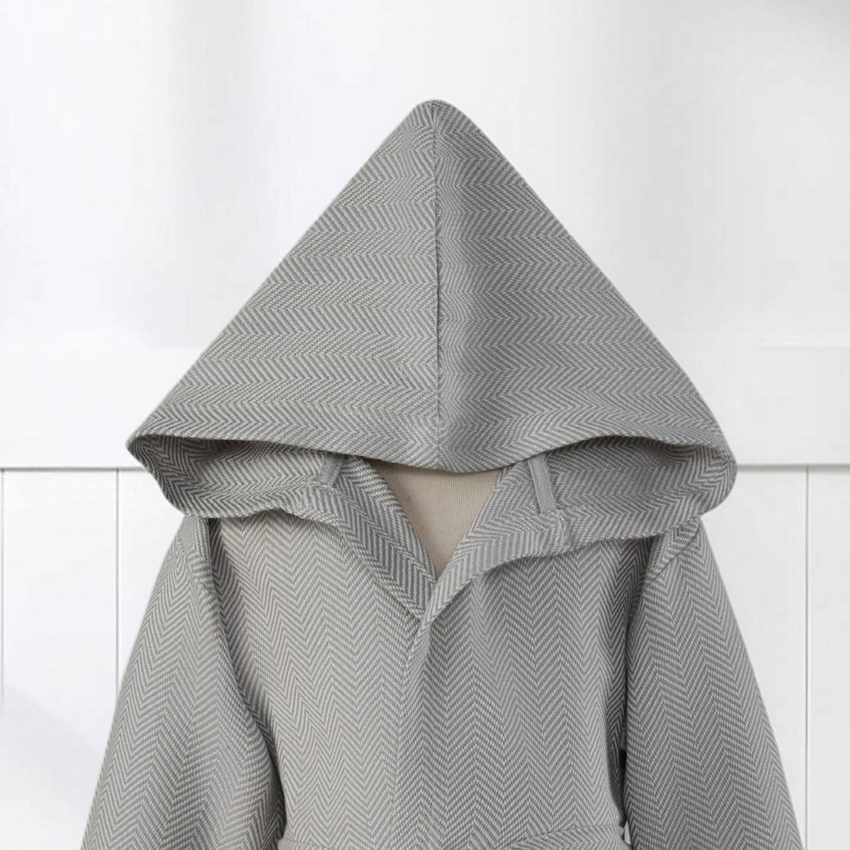 Herringbone kids Turkish cotton bathrobe – hooded, fringed hem | Kikoya