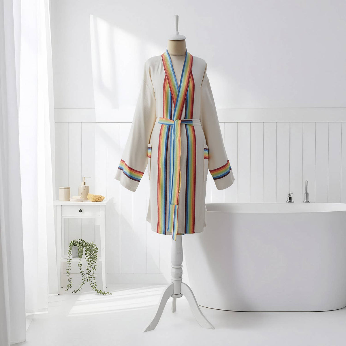 Rainbow band Turkish bathrobe in cream – kimono | Kikoya