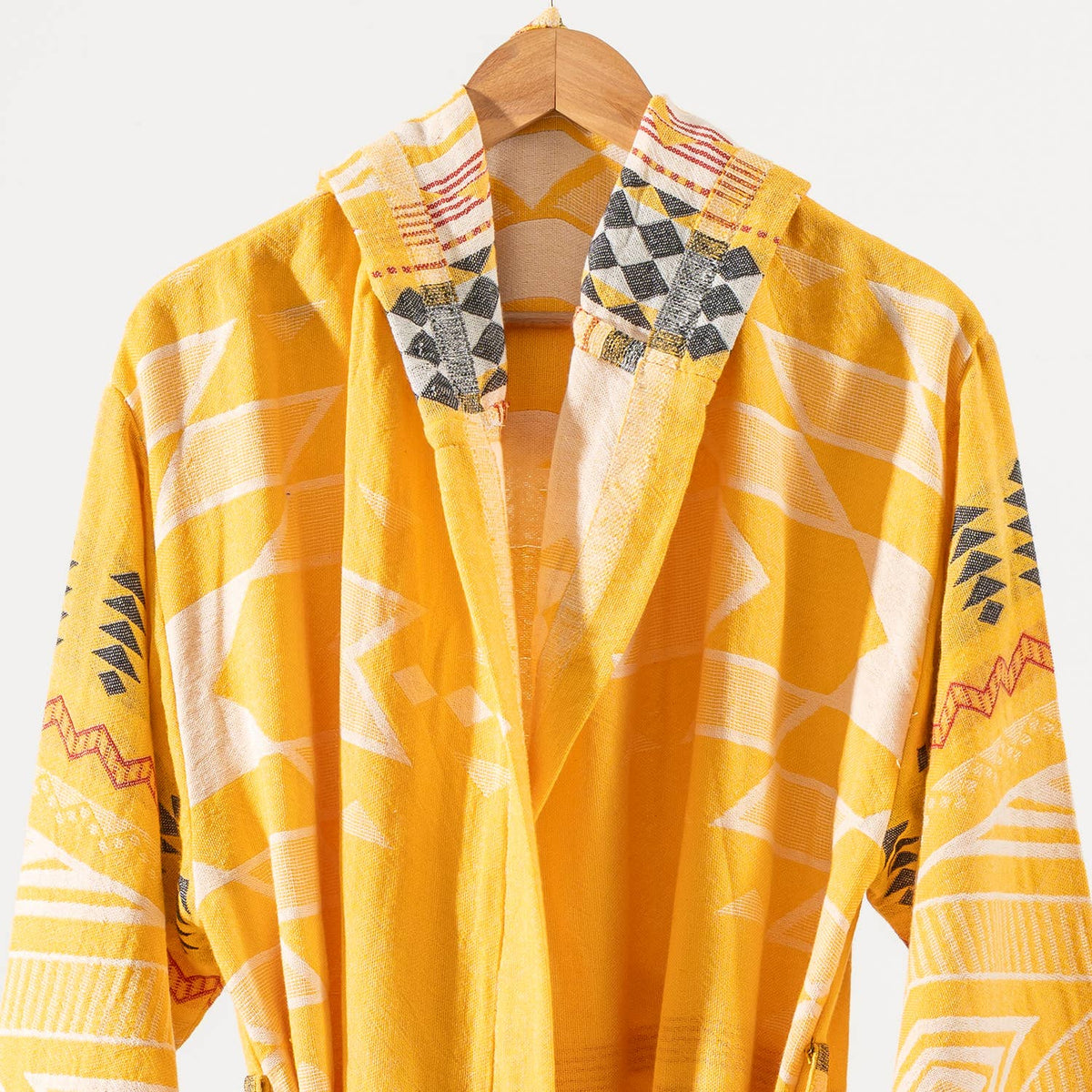 Tribal flat-woven Turkish bathrobe in mustard – kimono, fringed hem | Kikoya