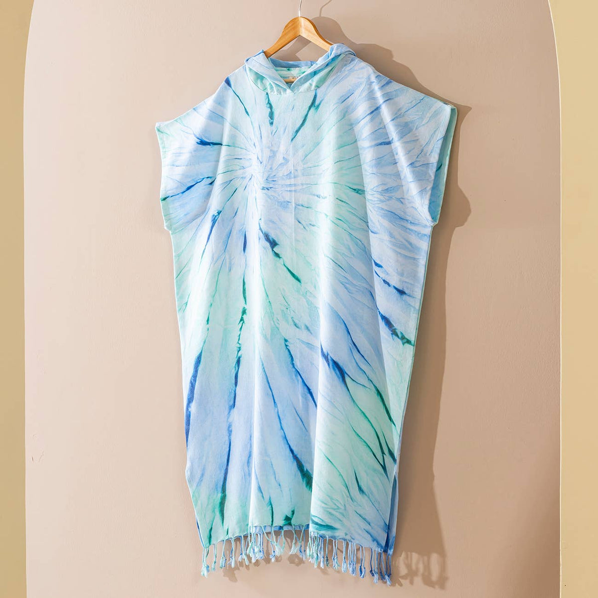 Ocean Adult Hooded Changing Poncho – Blue Tie-dye, front view | Kikoya