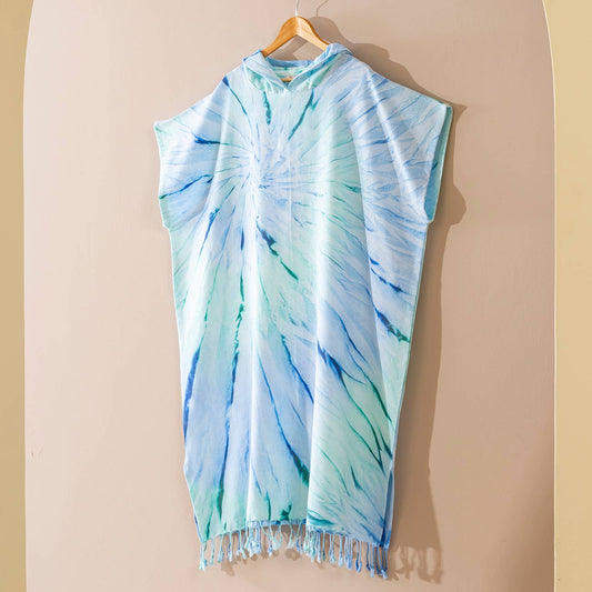 Ocean Adult Hooded Changing Poncho – Blue Tie-dye, front view | Kikoya