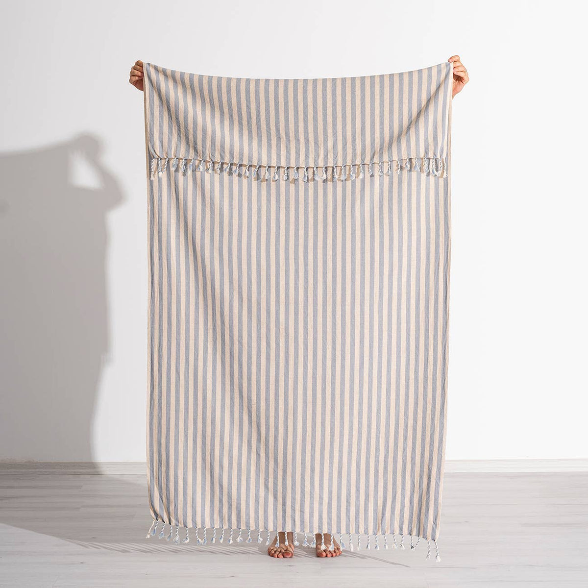 Premium rustic Turkish beach towel in a beige ticking stripe | Kikoya