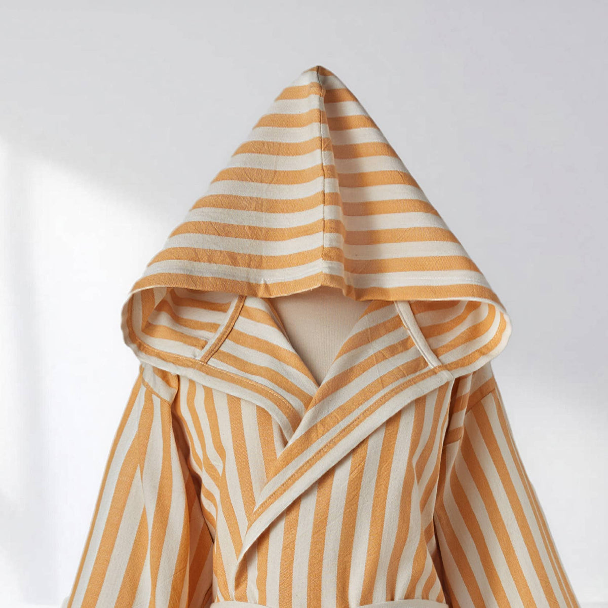 Zebra stripe Turkish hooded bathrobe – Yellow & Cream, hood detail | Kikoya