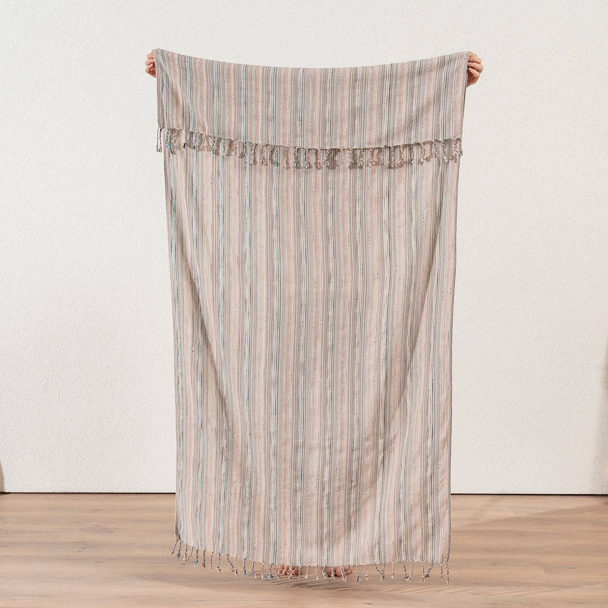 Premium Rustic Turkish beach towel – Melange Multi Stripe, full length view | Kikoya