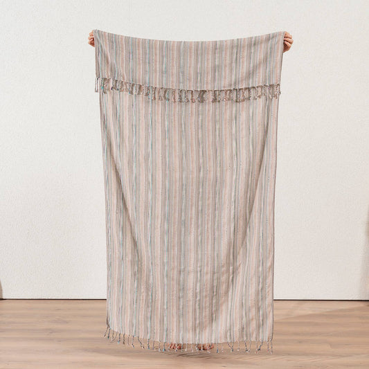 Premium Rustic Turkish beach towel – Melange Multi Stripe, full length view | Kikoya