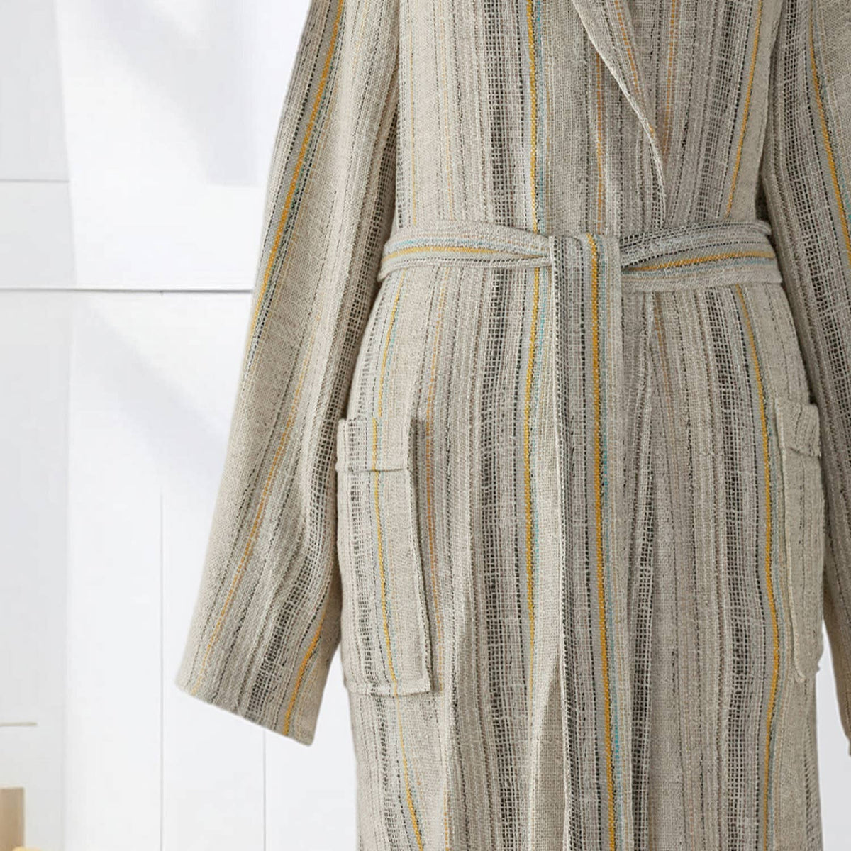 Textured stripe Turkish cotton bathrobe in olive & beige – shawl collar | Kikoya