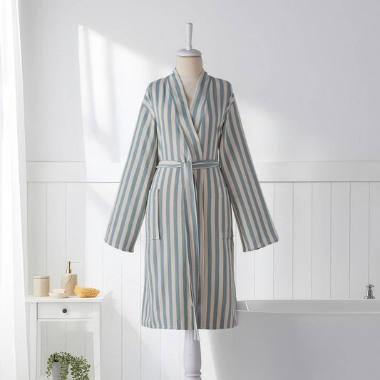 Pinstripe Turkish cotton bathrobe in grey & green – kimono | Kikoya