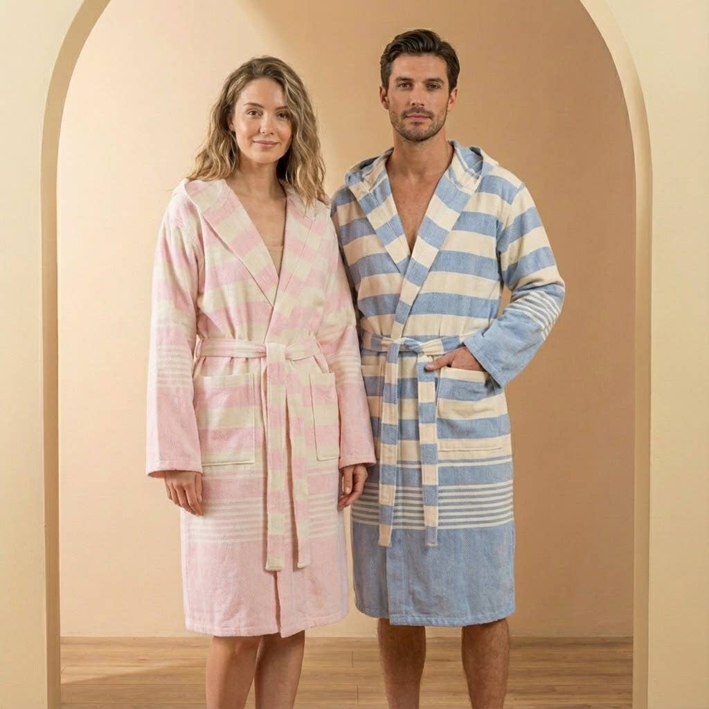 Rumi wide stripe Turkish bathrobe – hooded | Kikoya