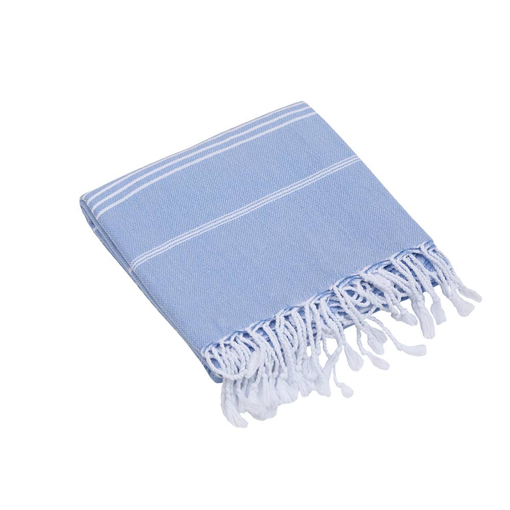 Sultan Turkish beach towel – Sky Blue, folded with knotted fringe | Kikoya