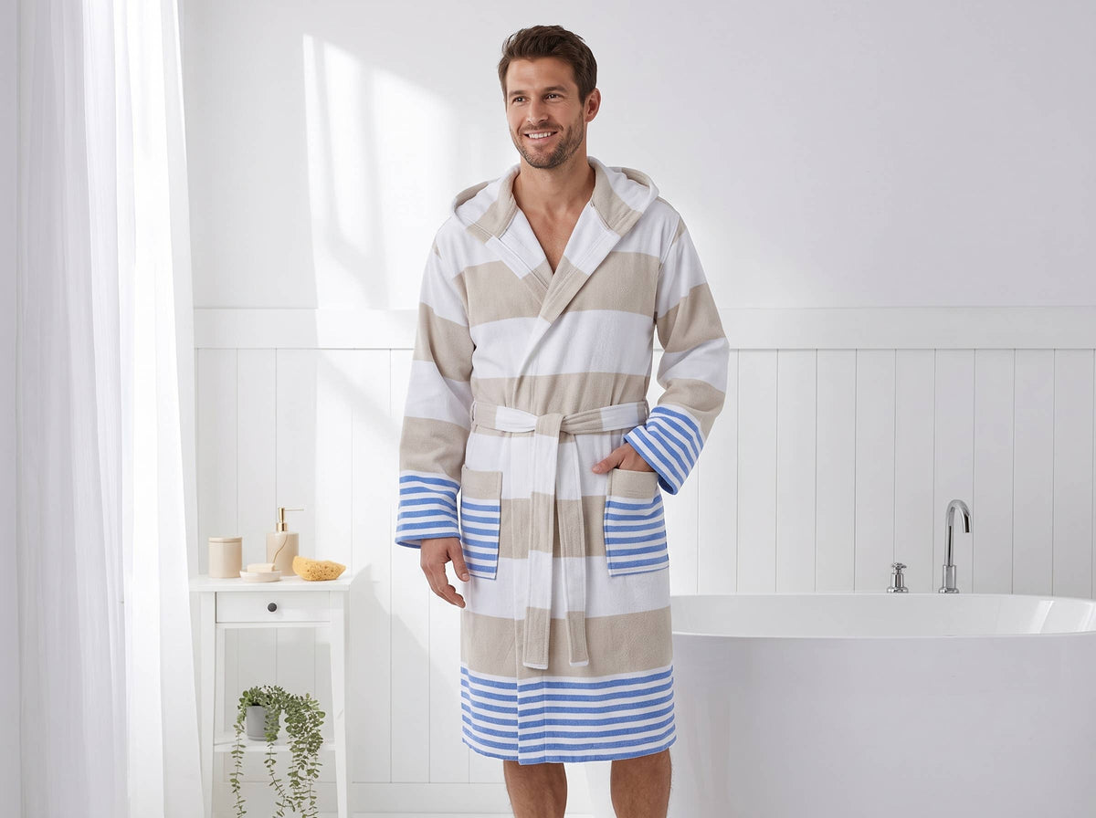 Mediterranean flat-woven Turkish hooded bathrobe – Beige & Blue, second styled view | Kikoya