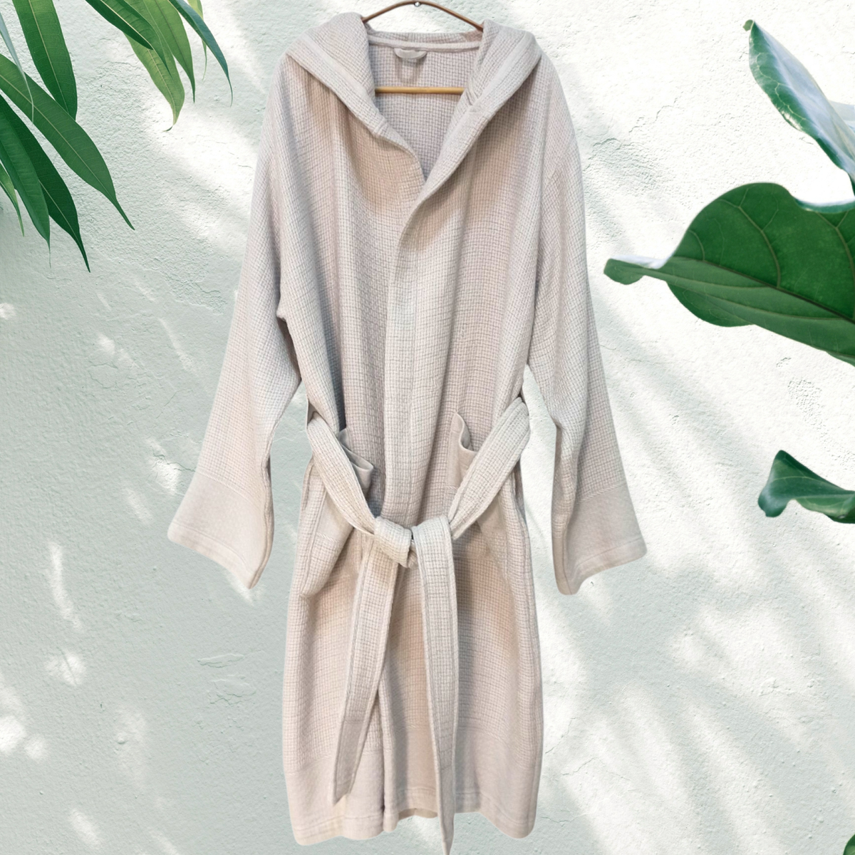 Salda waffle stonewash Turkish bathrobe, hooded, beige | Kikoya